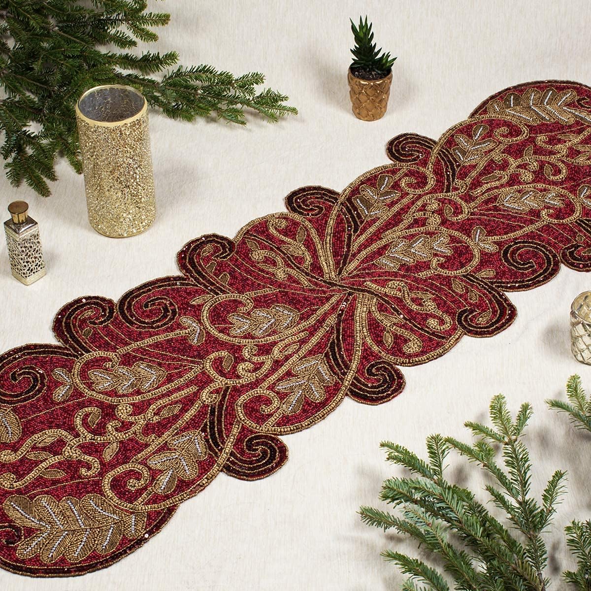 COTTON CRAFT Handmade Beaded Table Runner - 13x36 inches - Red & Gold