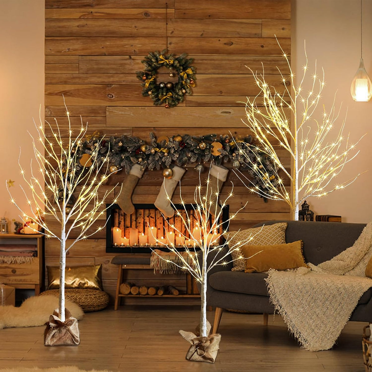 HOLILLUMA Outdoor Christmas Decoration LED Lighted Birch Trees 3 Packs