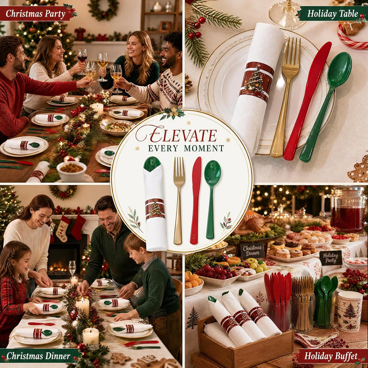 Liacere 100Pack Pre Rolled Silverware and Napkin - Wrapped Plastic Cutlery Set with Napkin:100 Gold Forks,100 Red Knives,100 Green Spoons,100 Napkins for Christmas