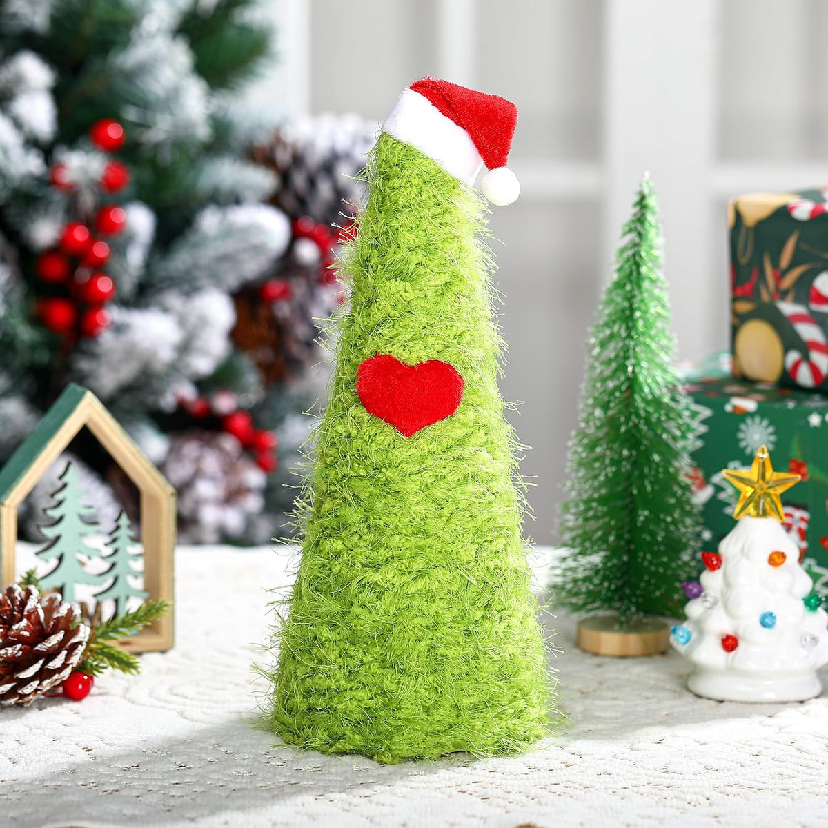 Gejoy Lime Green Mini Furry Christmas Tree Tabletop Decor Santa Hat, 9.84"