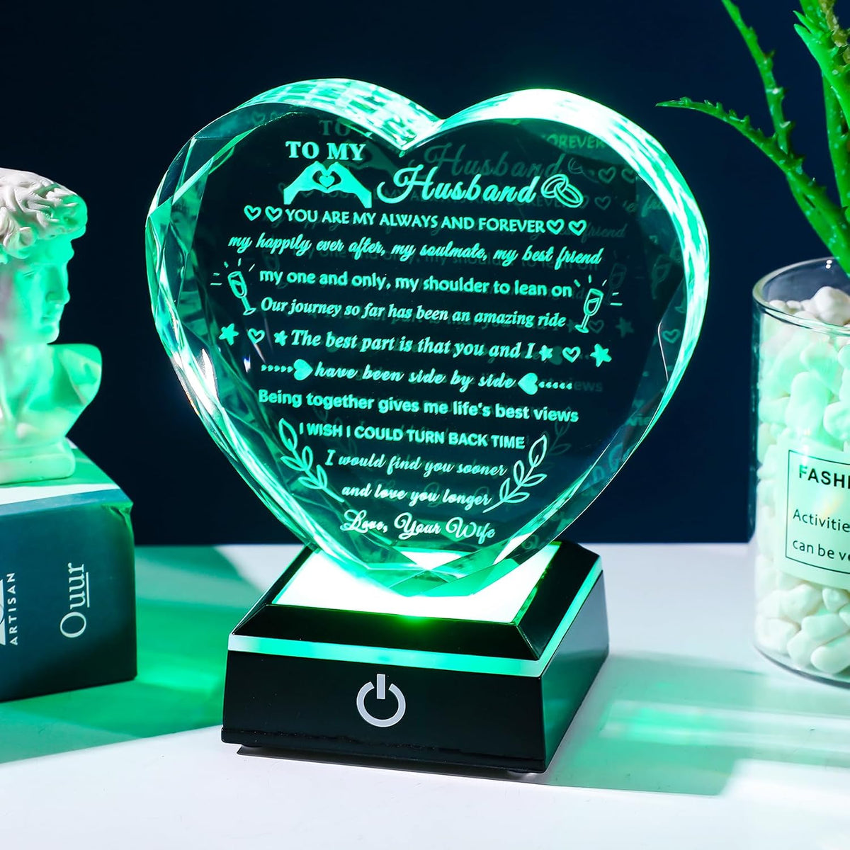 YWHL Gifts for Husband from Wife with Colorful LED Base Anniversary Birthday Gifts for Husband to My Husband Crystal Heart keepsake I Love You Gifts for Him on Valentine Christmas Fathers Day