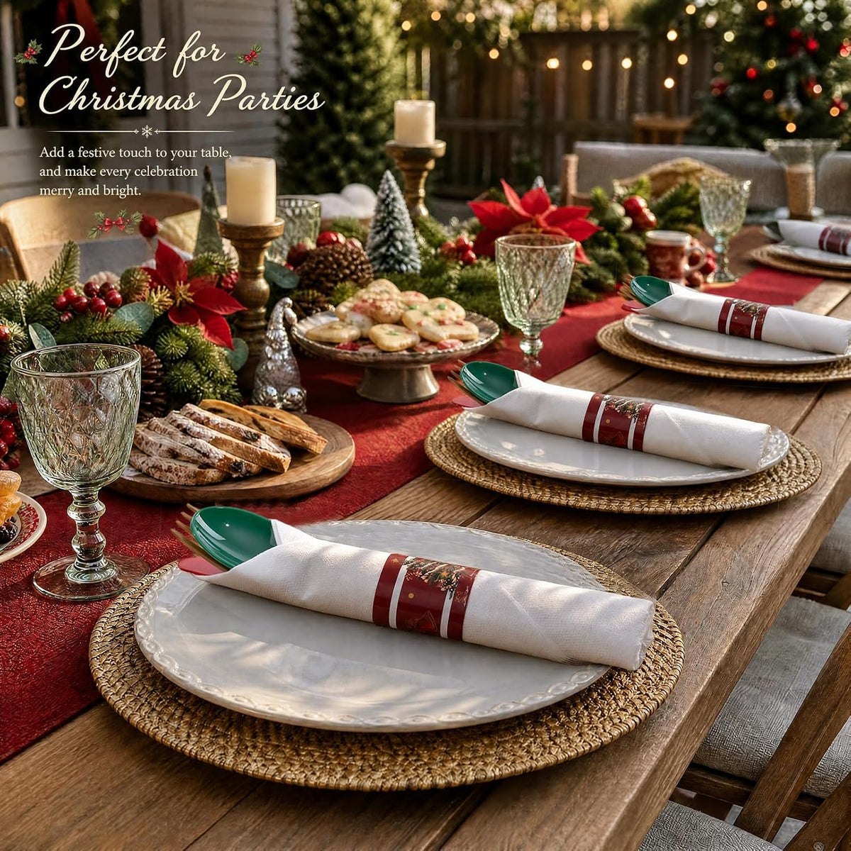 Liacere 100Pack Pre Rolled Silverware and Napkin - Wrapped Plastic Cutlery Set with Napkin:100 Gold Forks,100 Red Knives,100 Green Spoons,100 Napkins for Christmas