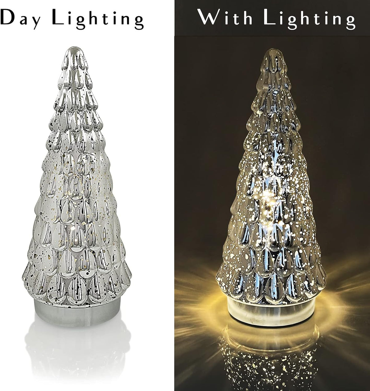 SHMILMH Silver Mercury Glass Christmas Tree, Small Tabletop Christmas Tree with Light, Battery Operated Mini Xmas Tree for Fireplace Bathroom Decor 10", Set of 2