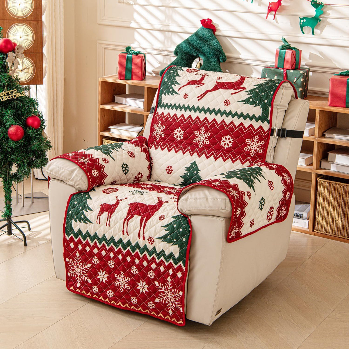 EVENHUG Christmas Sofa Cover for Festival Home Decorations Slipcover Furniture Protector Washable Couch Cover with Non Slip and Elastic Straps for Kids Pets Dogs (Recliner)
