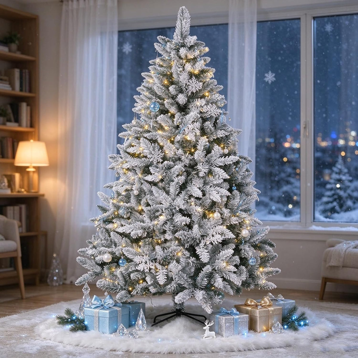 SUNCROWN 6ft Artificial Flocked Christmas Tree Premium Frosted Snow Christmas Tree Hinged Xmas Tree Holiday Decor for Indoor Outdoor, Foldable Metal Stand, 1000 Branch Tips, White