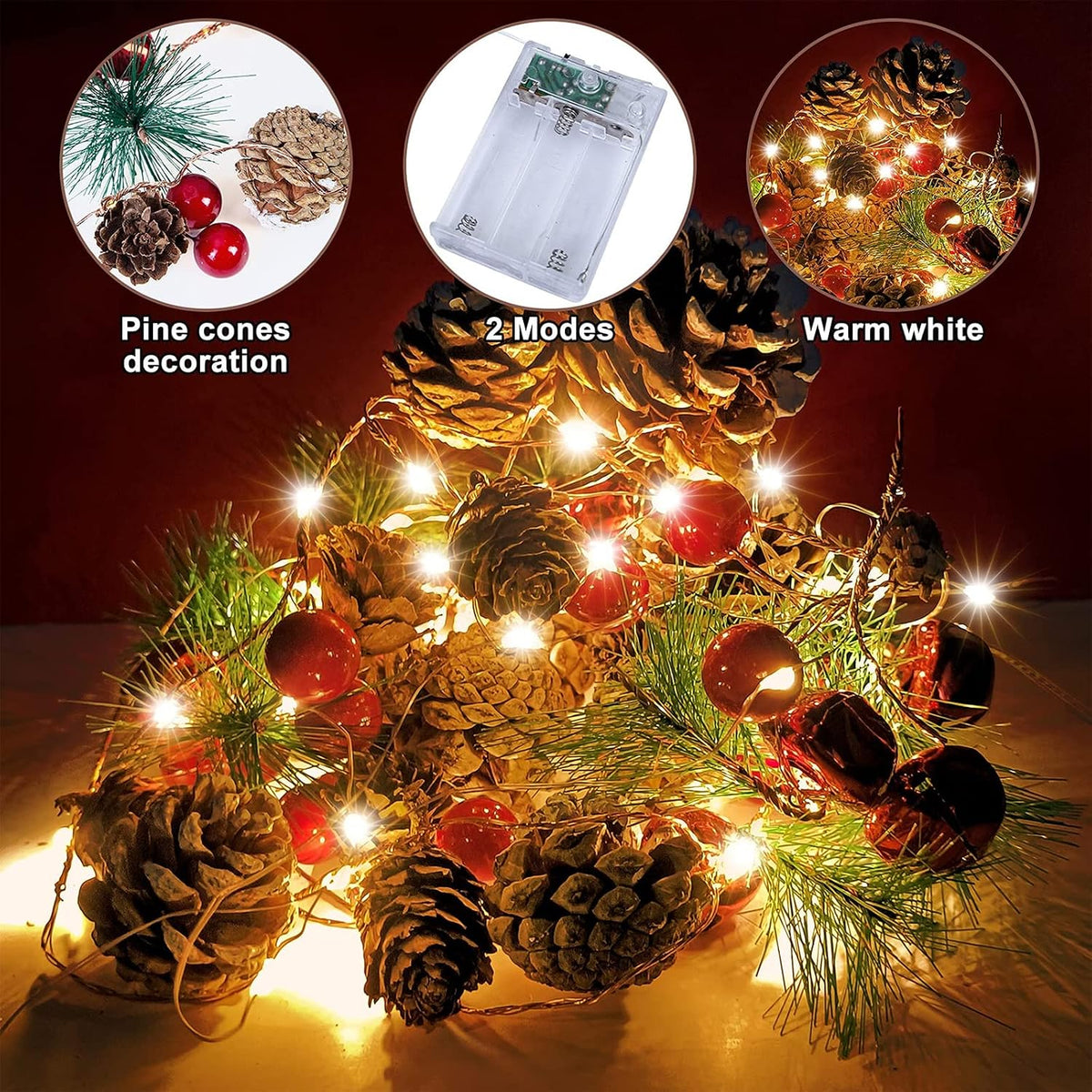 Christmas Garland with Lights, 10 Ft 30 LED Pine Cone Red Berry Decorations