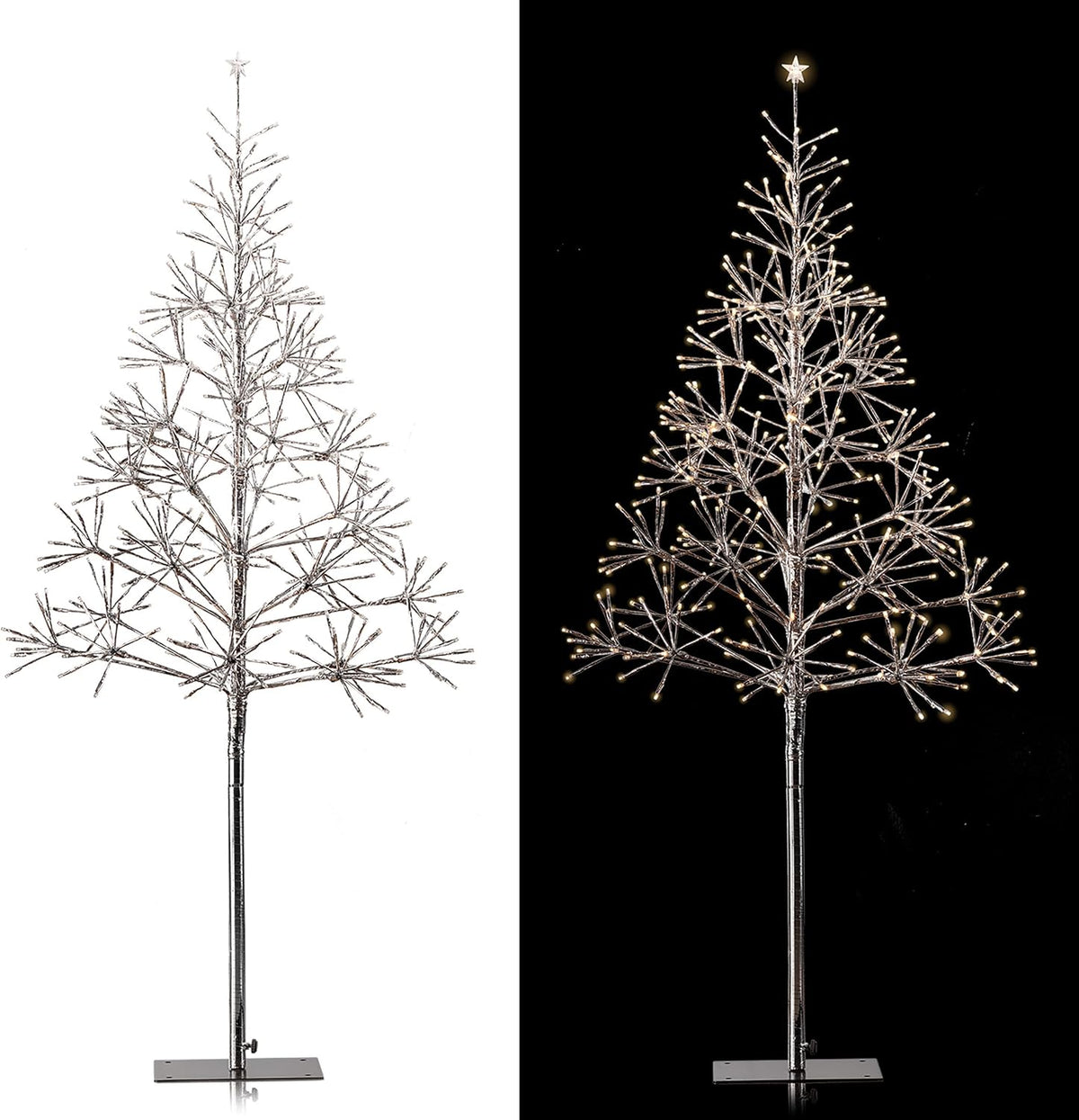 Alpine Corporation 53" Tall Artificial Christmas Tree with 380 Warm White LED Lights, Indoor/Outdoor Holiday Decoration with Flashing Lights for Porch or Lawn, Silver