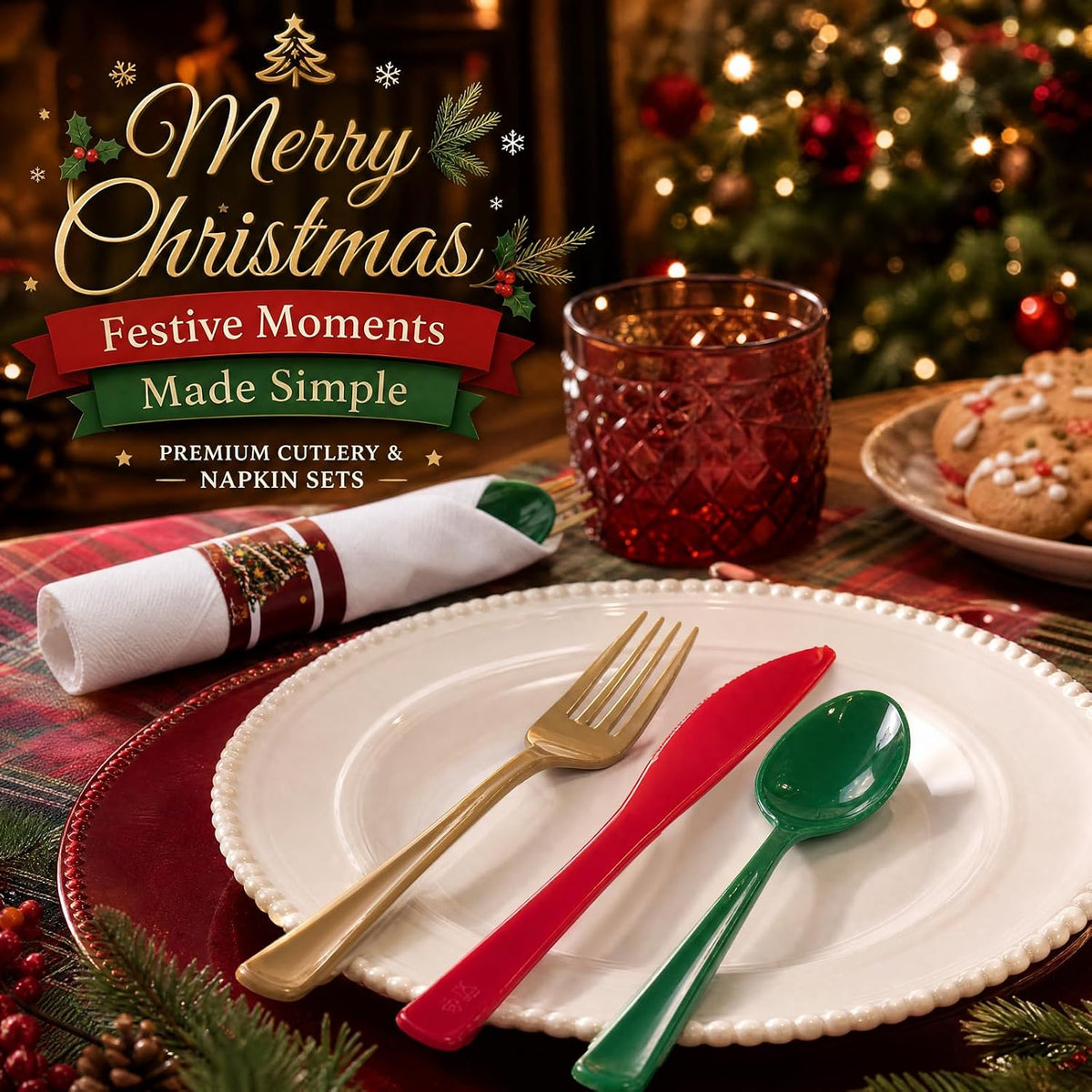 Liacere 100Pack Pre Rolled Silverware and Napkin - Wrapped Plastic Cutlery Set with Napkin:100 Gold Forks,100 Red Knives,100 Green Spoons,100 Napkins for Christmas