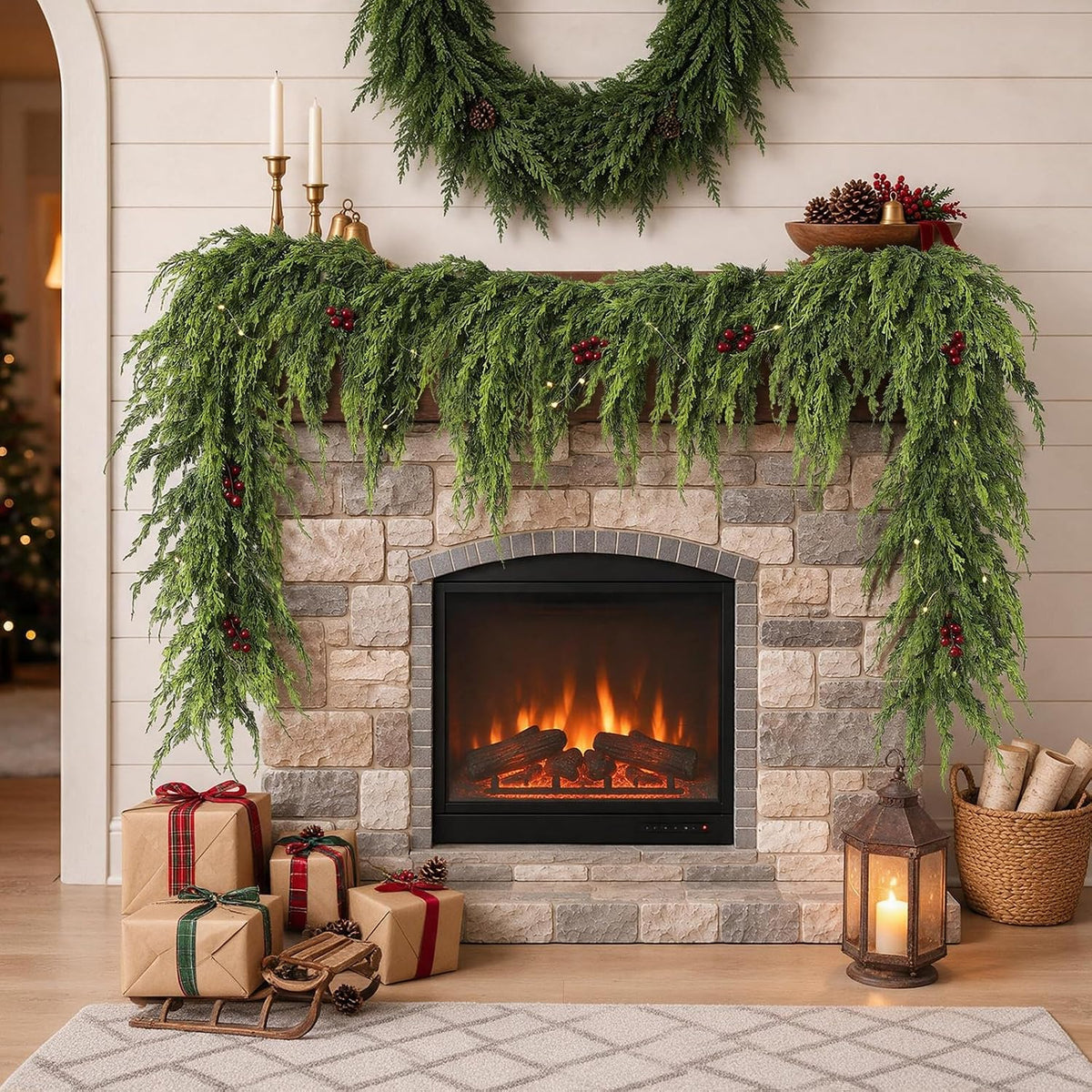 6FT 1Pcs Artificial Cedar Pine Garland Christmas Greenery for Mantle Decor