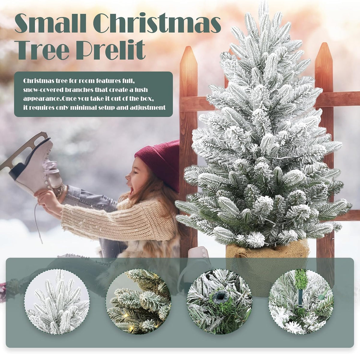 Gfilay 3ft Flocked Prelit Christmas Tree with 60 LED Lights and 8 Modes