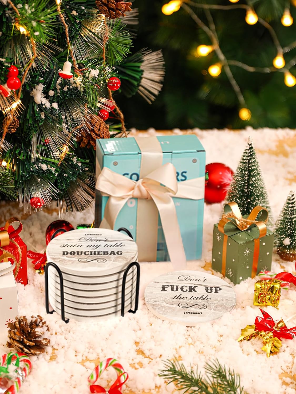 White Elephant Gifts for Adults, Funny Coasters Set of 8, Funny Gag Gifts for Adults, Christmas House Warming Gift New Home, Marble Style Absorbent Drink Coasters with Cork Base, Home Decor, 4 inches