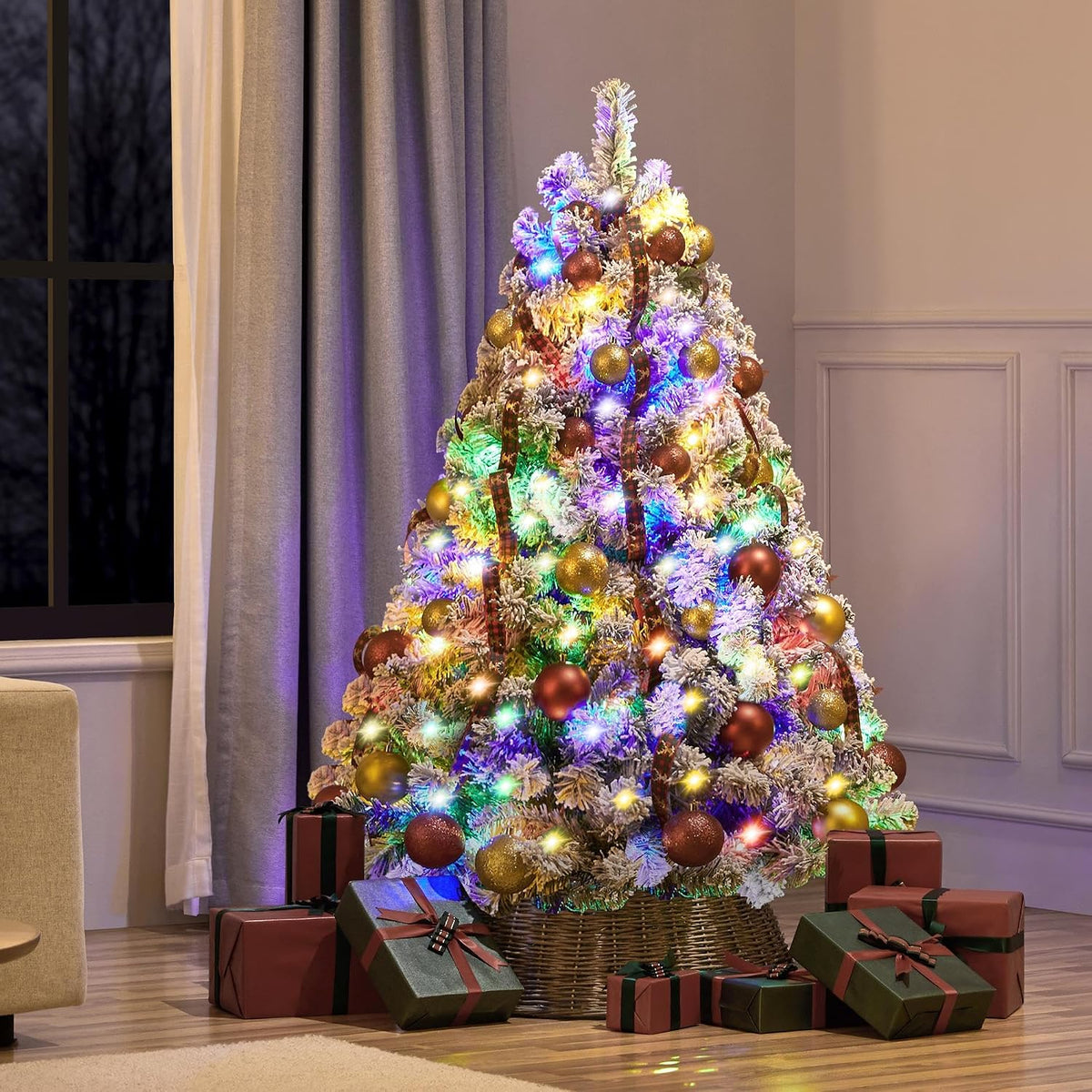 Yaheetech 4.5ft Pre-lit Spruce Artificial Christmas Tree Snow Flocked Hinges Tree with 100 Multicolor LED Lights & 340 Branch Tips & Metal Stand for Home, Office, Party Decoration, Green & White