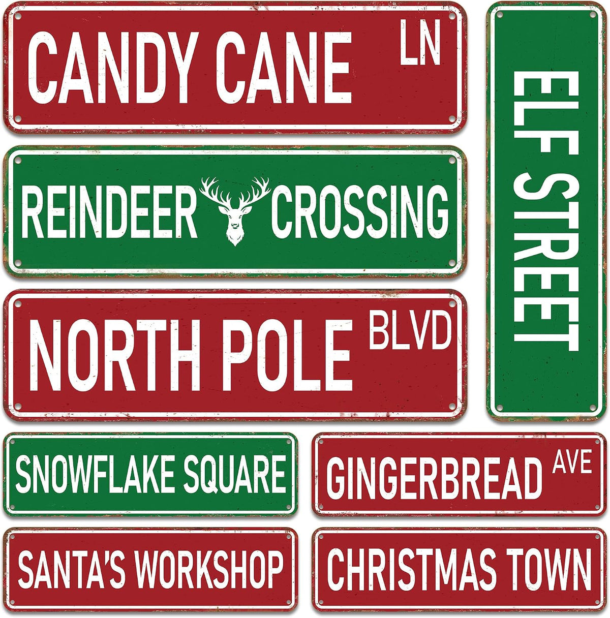 Candy Cane Lane Christmas Decorations 8 Pack, Double-Sided Vintage Street Signs of North Pole/Santaâ€™s Workshop/Gingerbread & More, All-Weather Outdoor Christmas Signs Yard Tree Ornament, 4 x 14 Inch