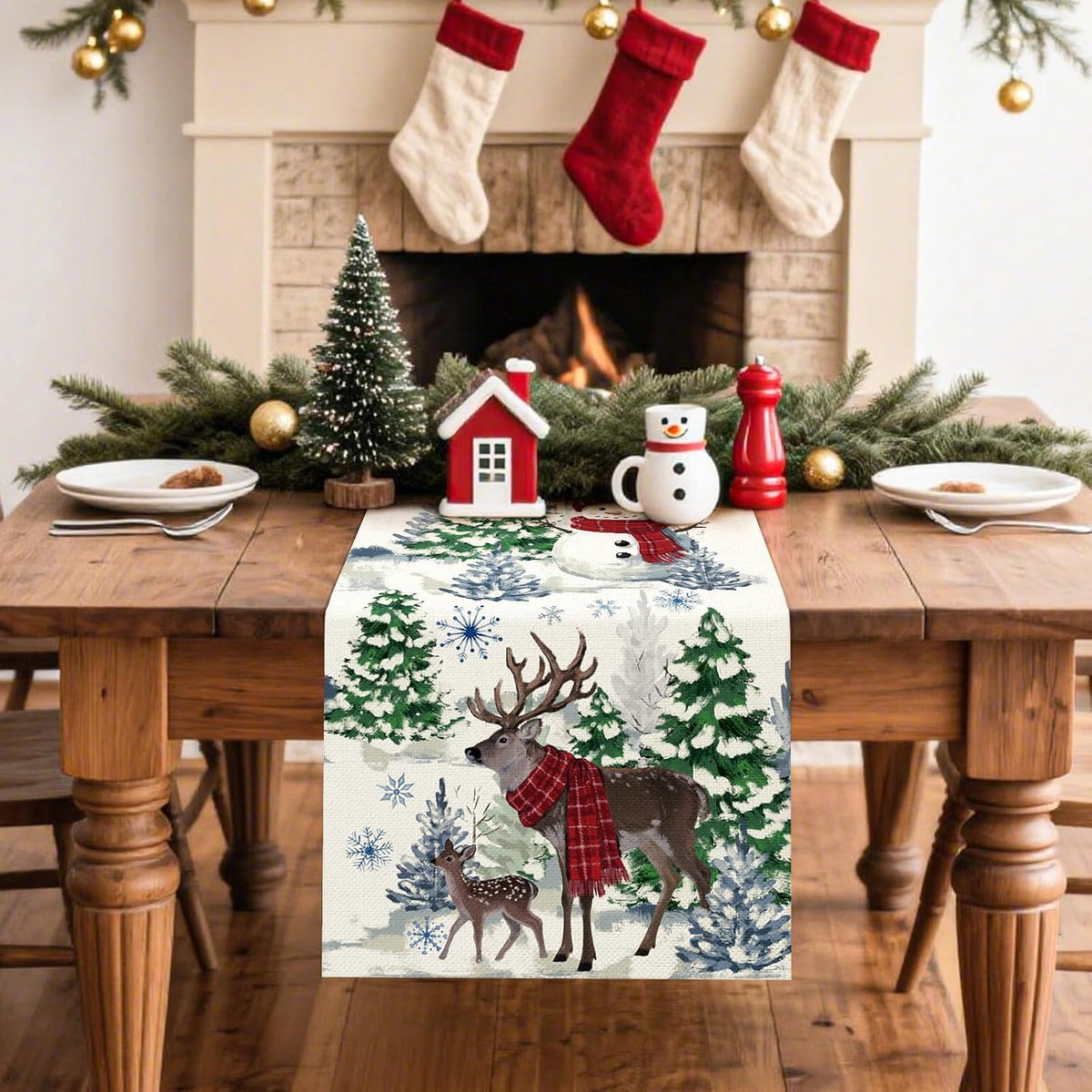 Artscope Reindeer Snowman Christmas Tree Table Runner, Xmas Winter Snowflakes Holiday Kitchen Dining Table Decoration for Christmas Home Party Decor 13x72 Inch-Beige