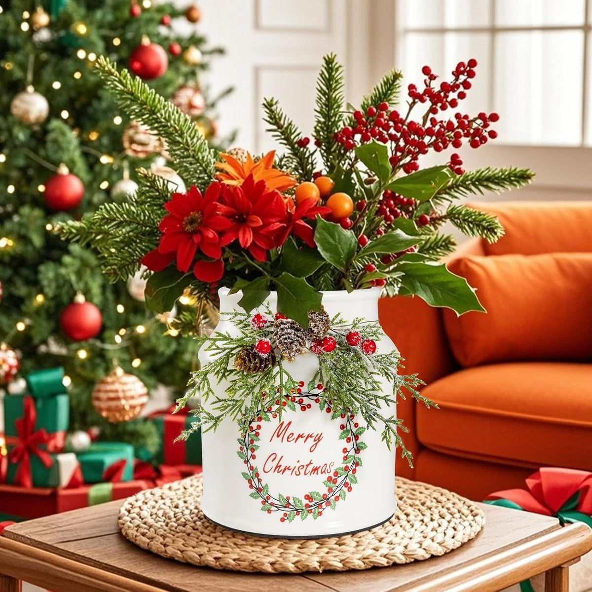 Christmas Utensil Holder with Artificial Pine Branches, Comes with Xmas Box