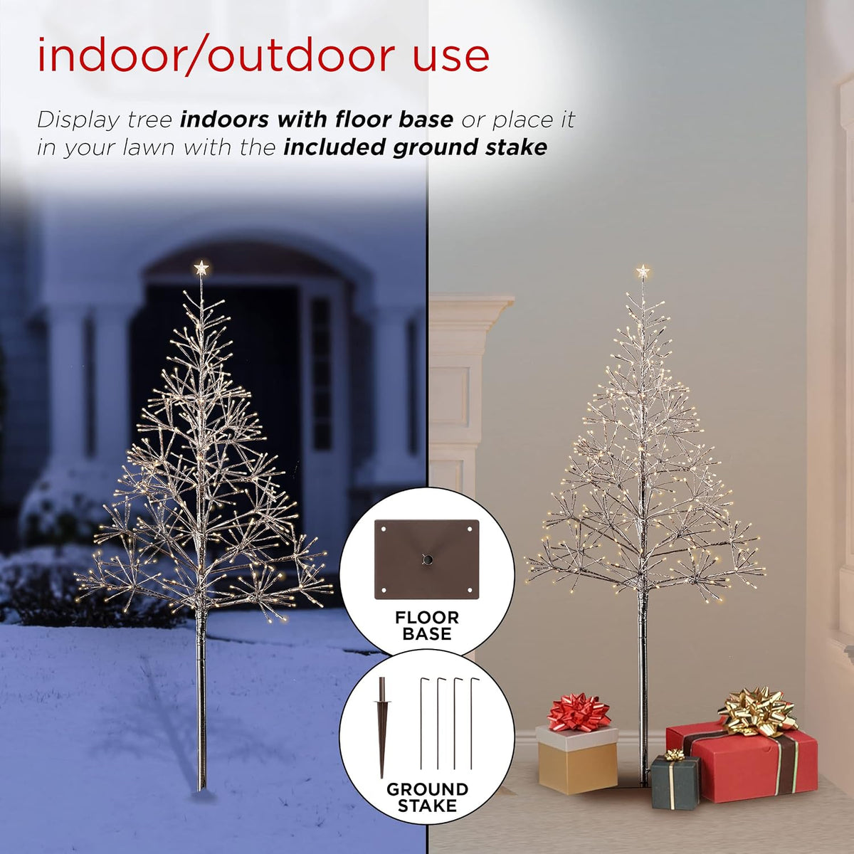 Alpine Corporation 53" Tall Artificial Christmas Tree with 380 Warm White LED Lights, Indoor/Outdoor Holiday Decoration with Flashing Lights for Porch or Lawn, Silver