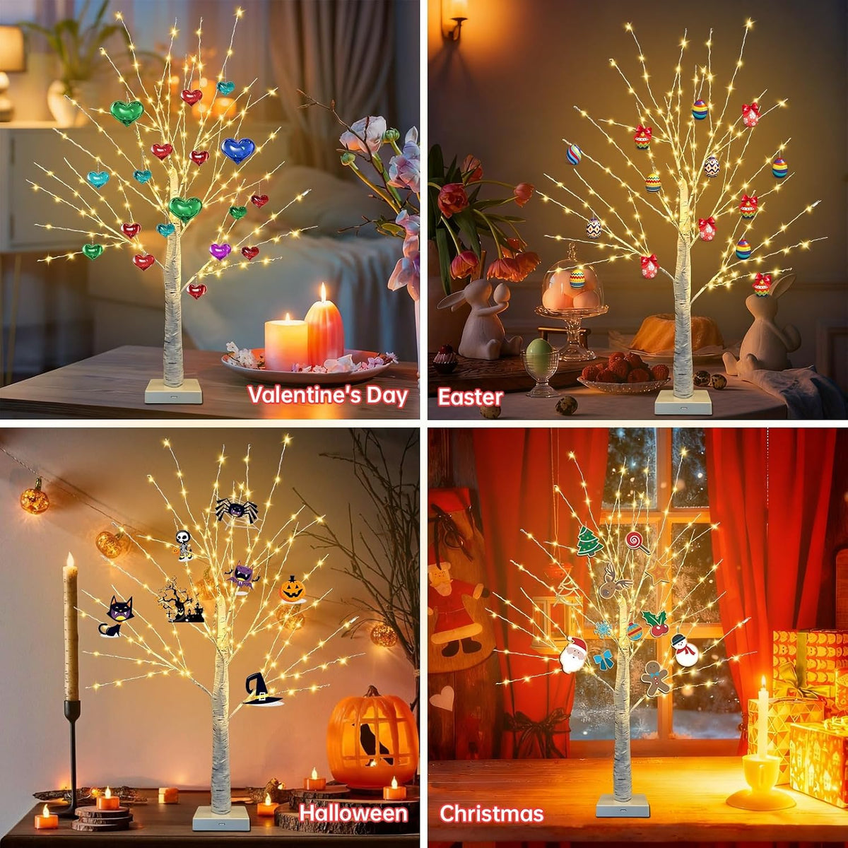24 Inch Birch Tree with 144 LED Lights for Christmas Decorations Indoor, USB/Battery Powered, Timer, Warm White Twinkling Christmas Trees, Lighted Birch Tree for Tabletop Home Decor (2 Pack)