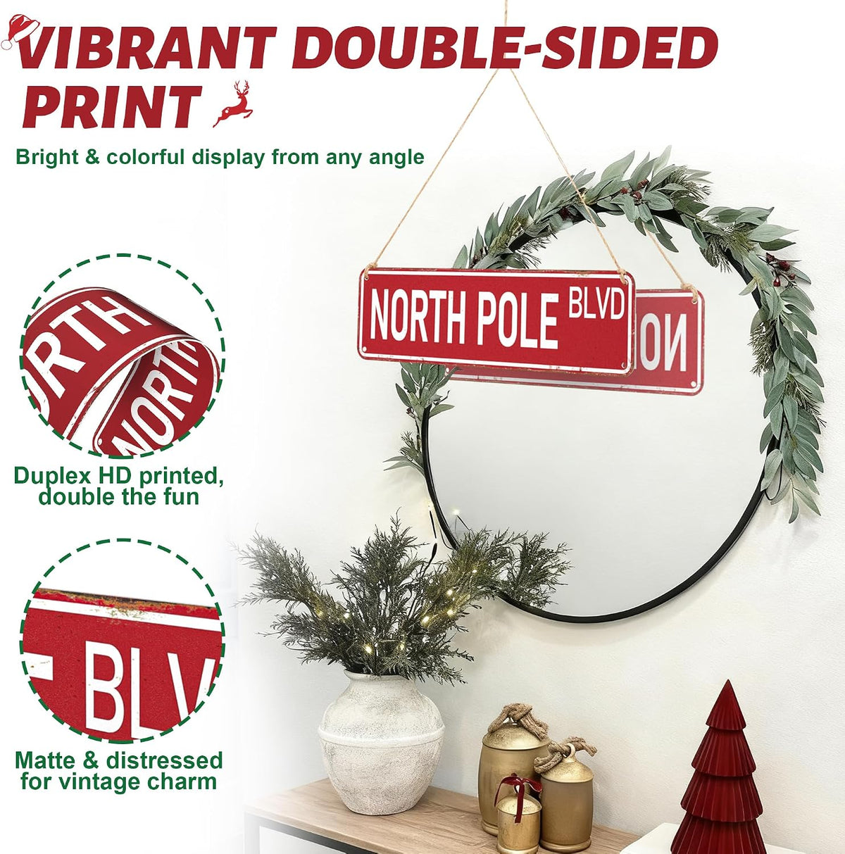 Candy Cane Lane Christmas Decorations 8 Pack, Double-Sided Vintage Street Signs of North Pole/Santaâ€™s Workshop/Gingerbread & More, All-Weather Outdoor Christmas Signs Yard Tree Ornament, 4 x 14 Inch
