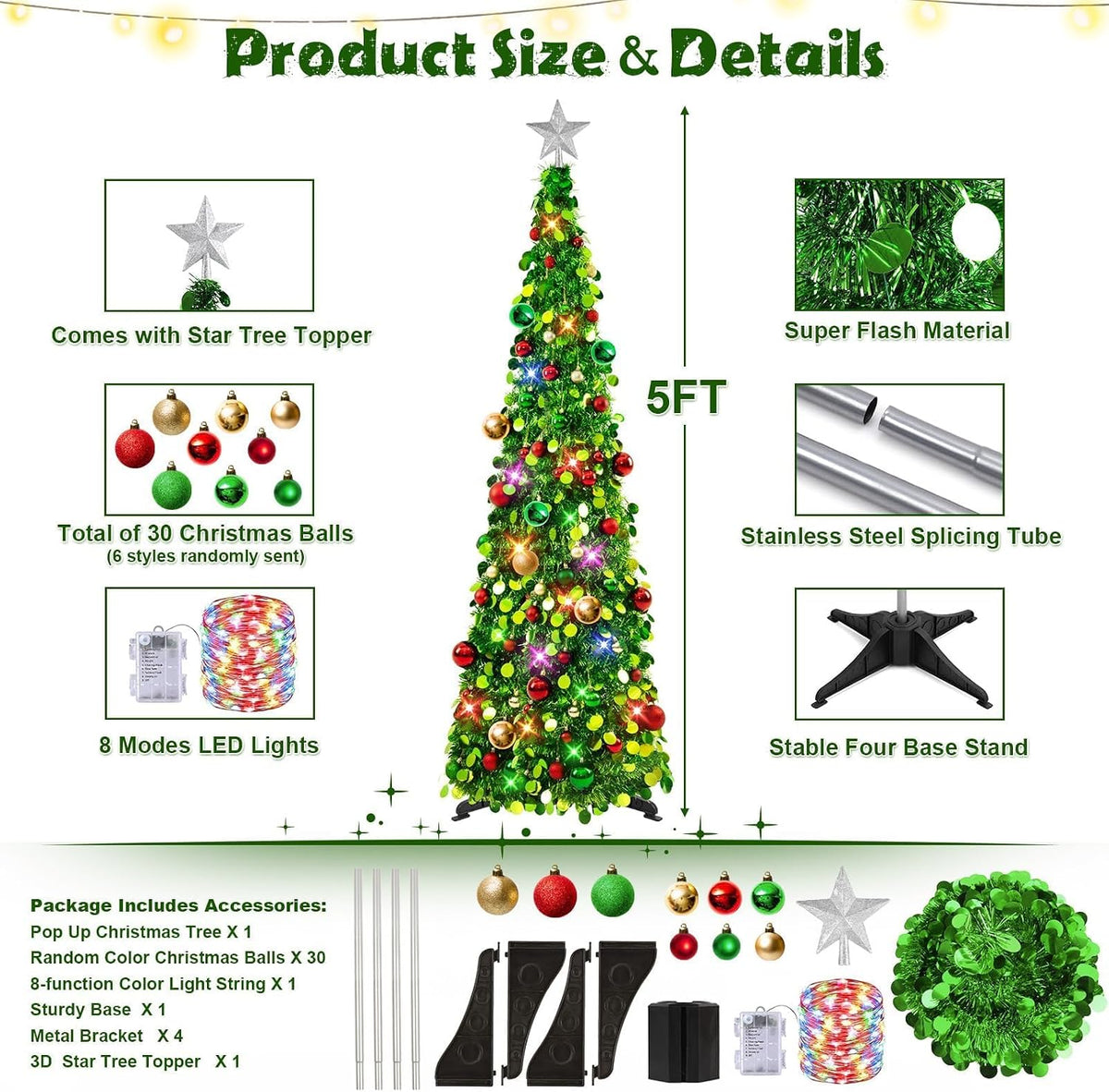 N&T NIETING Pop Up Christmas Tree with Lights & 30 Balls, 5Ft Collapsible Green Tinsel Christmas Tree Decoration for Holiday Xmas Home Office Decor