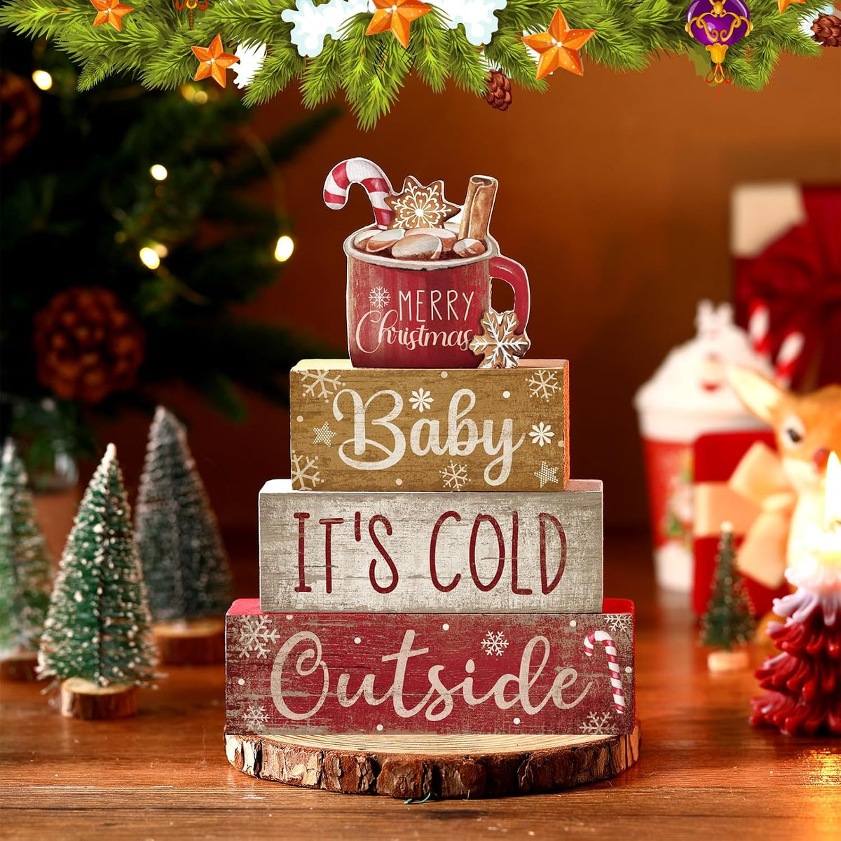 Moucuny 4 Pcs Christmas Table Decorations Indoor, Hot Cocoa Wood Block Sign