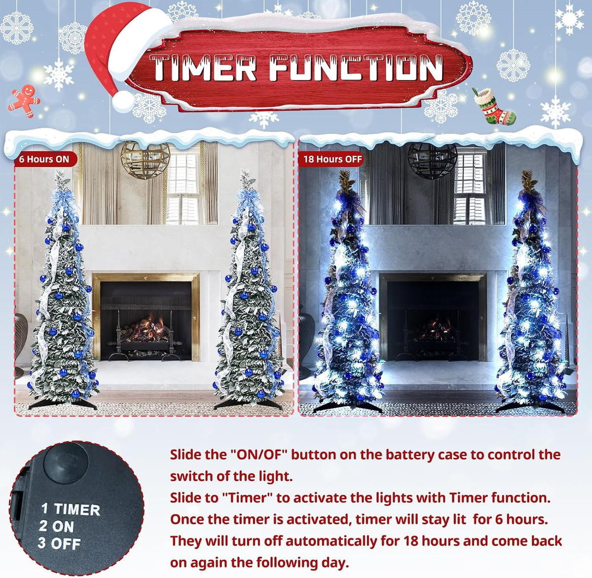 4FT Pop Up Christmas Tree Pre-lit Green Snowy Pencil w/Blue Bow,60 Lights