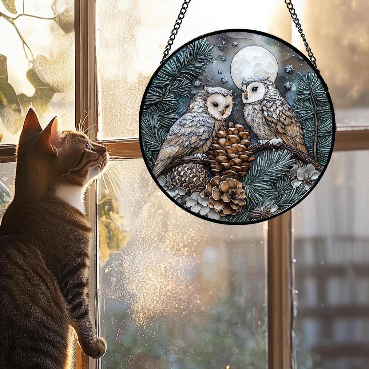Owl Pinecones Forest Stained Glass Window Hanging Suncatcher Gifts 6.3"
