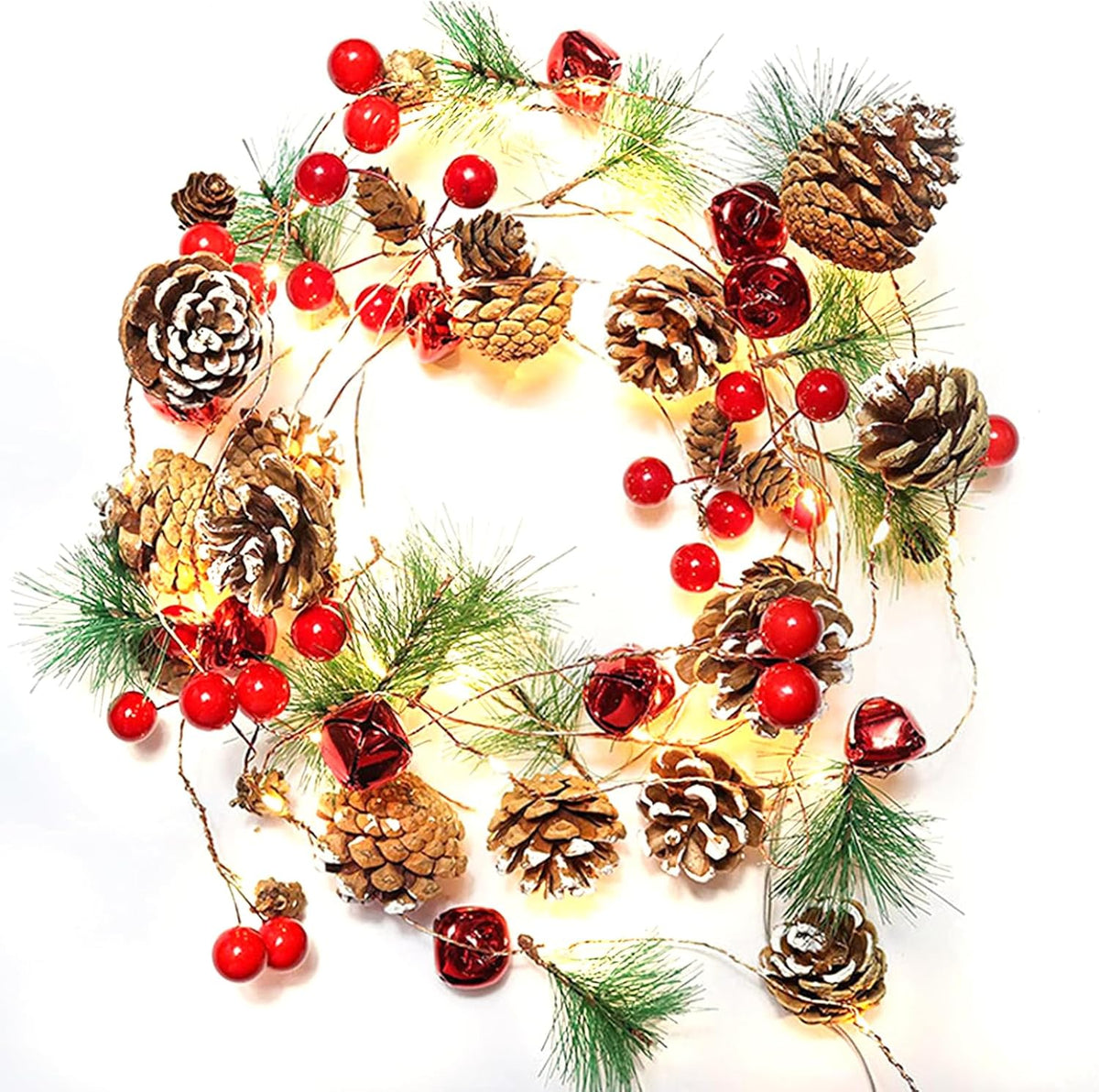 Christmas Garland with Lights, 10 Ft 30 LED Pine Cone Red Berry Decorations