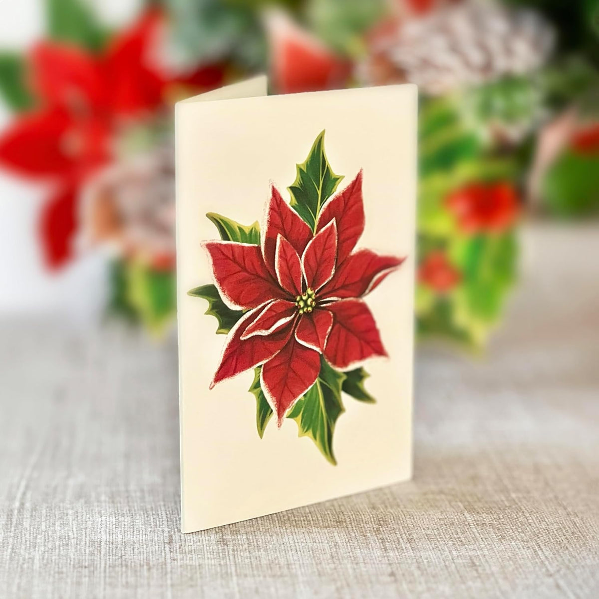 Freshcut Paper Pop Up Christmas Cards, Birch Poinsettia, 10 Inch Life Sized Flower Bouquet 3D Popup Greeting Cards, Christmas Card, Holiday Card, Blank Notecard & Envelope