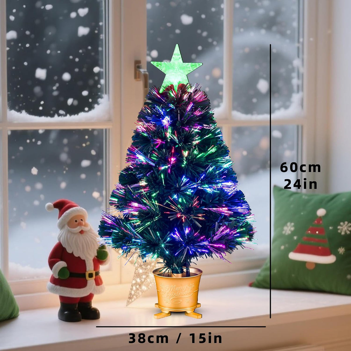YUETJIN 24inch Green Pre-lit Small Fiber Optic Tabletop Christmas Tree