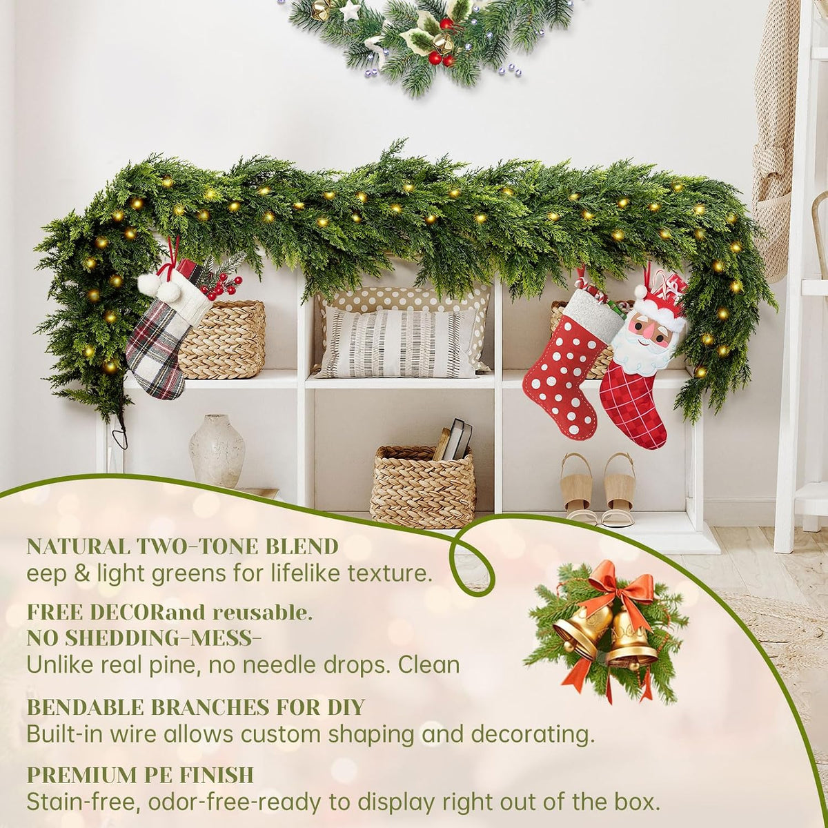 6FT Artificial Cedar Christmas Garland with 120 LED Lights - Real Touch Winter Pine Garland, Green Artificial Greenery Garland for Table, Mantle, Wall, Indoor, Outdoor Christmas Decorations