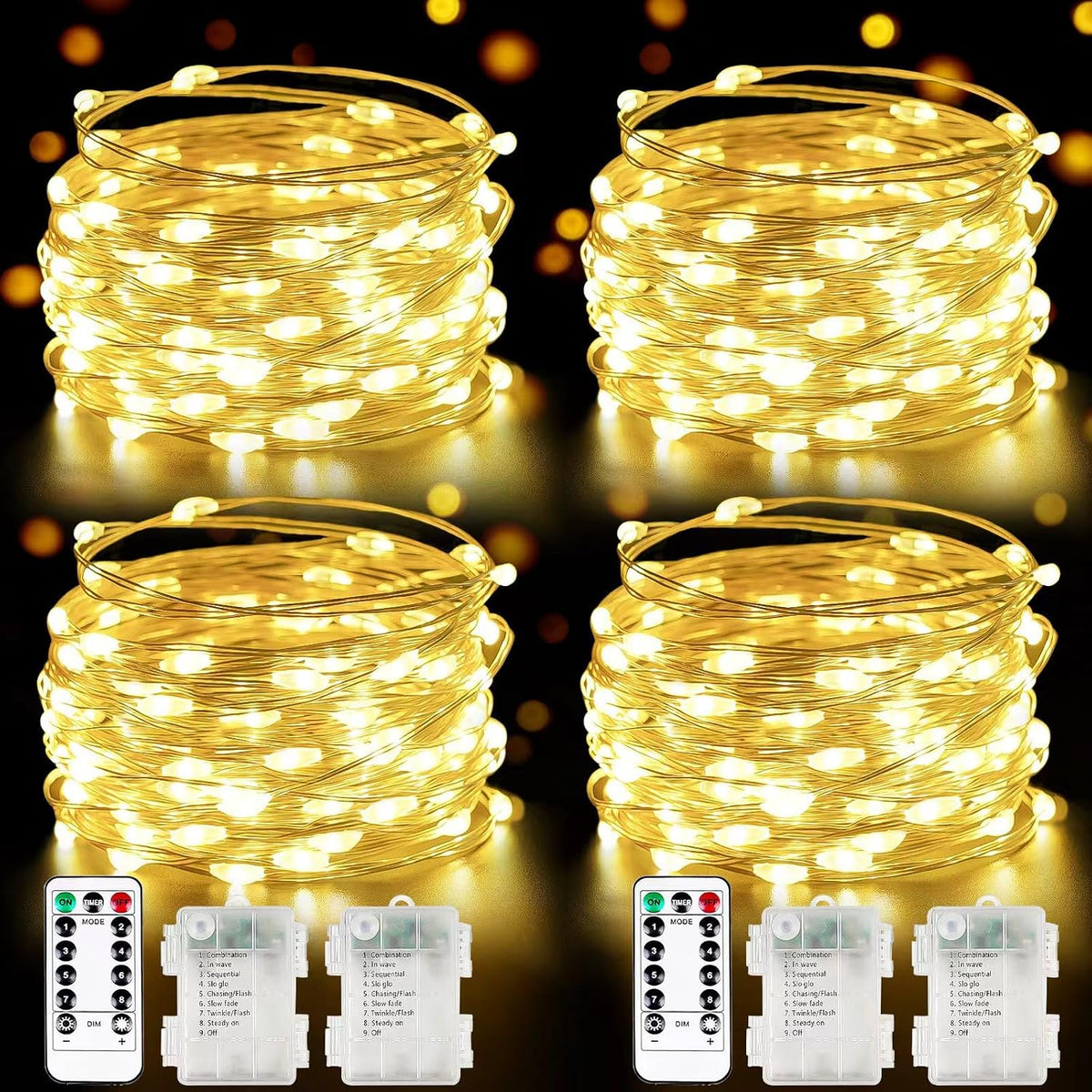 4 Pack Fairy Lights Battery Operated with Remote 33FT 100 LED Warm White