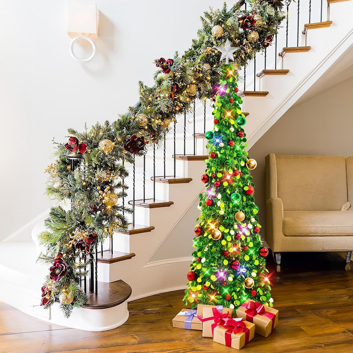 N&T NIETING Pop Up Christmas Tree with Lights & 30 Balls, 5Ft Collapsible Green Tinsel Christmas Tree Decoration for Holiday Xmas Home Office Decor