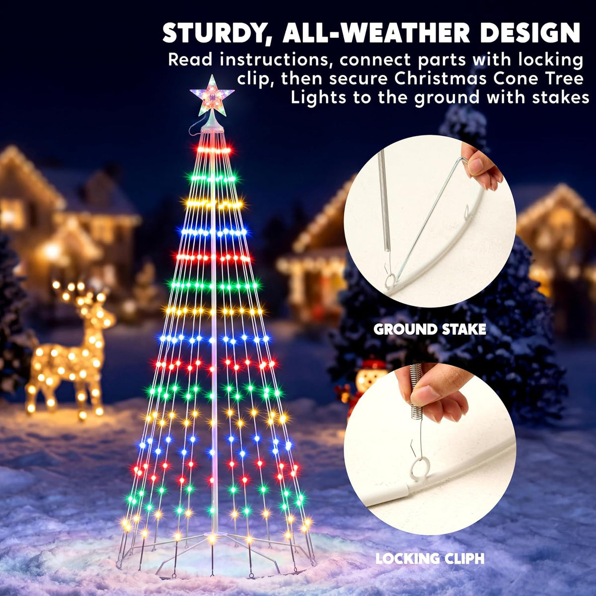 JOYIN 3 Pack LED Christmas Cone Tree Lights, 4FT 5FT 6FT Outdoor Lighted Tree with 8 Lighting Modes & Star Topper, Christmas Decorations for Yard Porch Patio Garden Holiday Decor, Multicolor