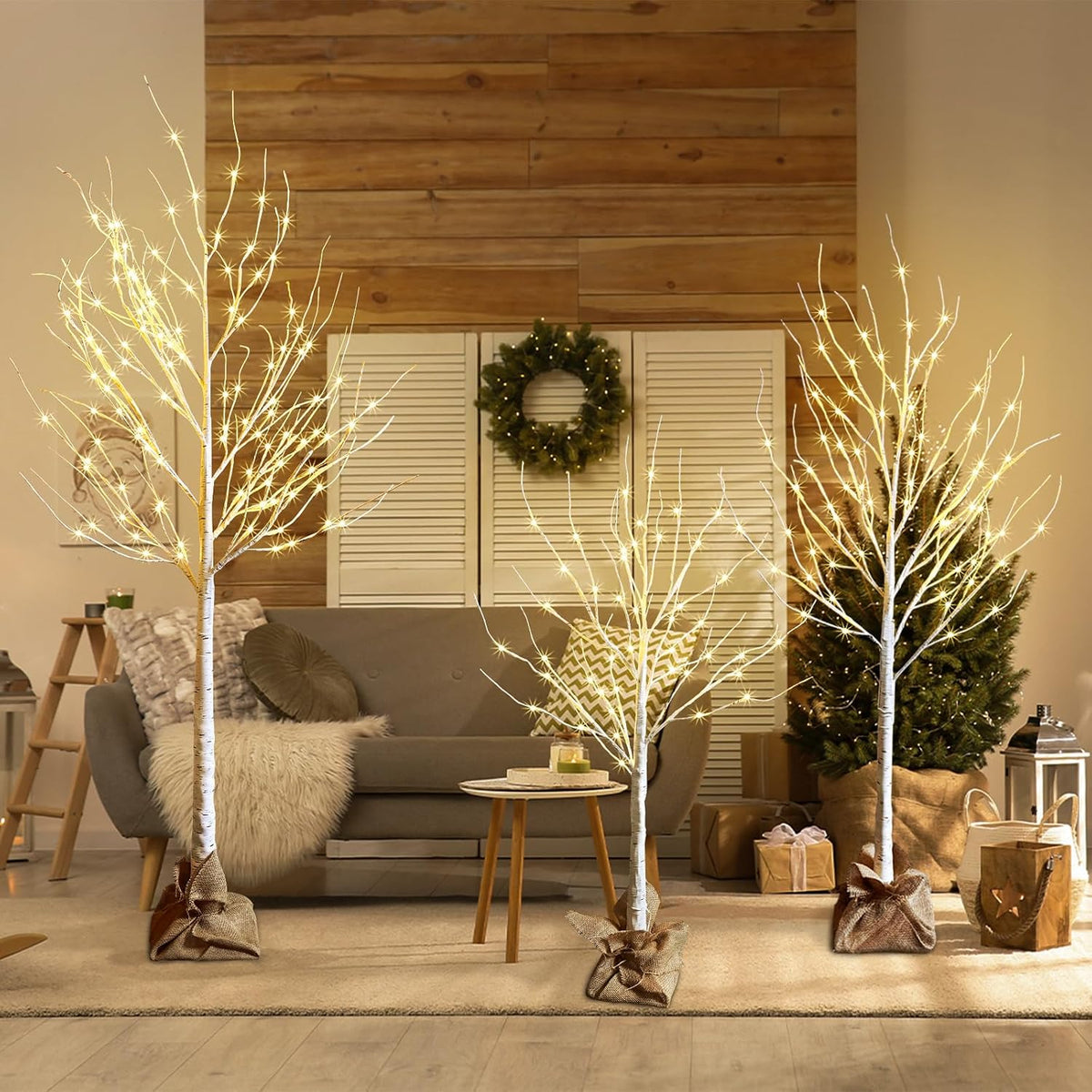 HOLILLUMA Outdoor Christmas Decoration LED Lighted Birch Trees 3 Packs