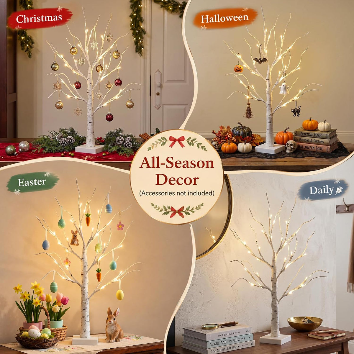 PEIDUO Christmas Decorations for The Home, 2FT BirchTree with LED Lights, Warm White Tree Lamp, Fairy Light Spirit Tree for Room Inside Fireplace Home Decor, Battery Powered, Timer (4PK)
