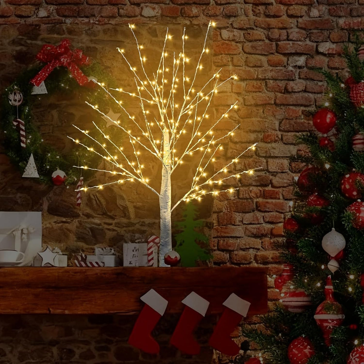 24 Inch Birch Tree with 144 LED Lights for Christmas Decorations Indoor, USB/Battery Powered, Timer, Warm White Twinkling Christmas Trees, Lighted Birch Tree for Tabletop Home Decor (2 Pack)