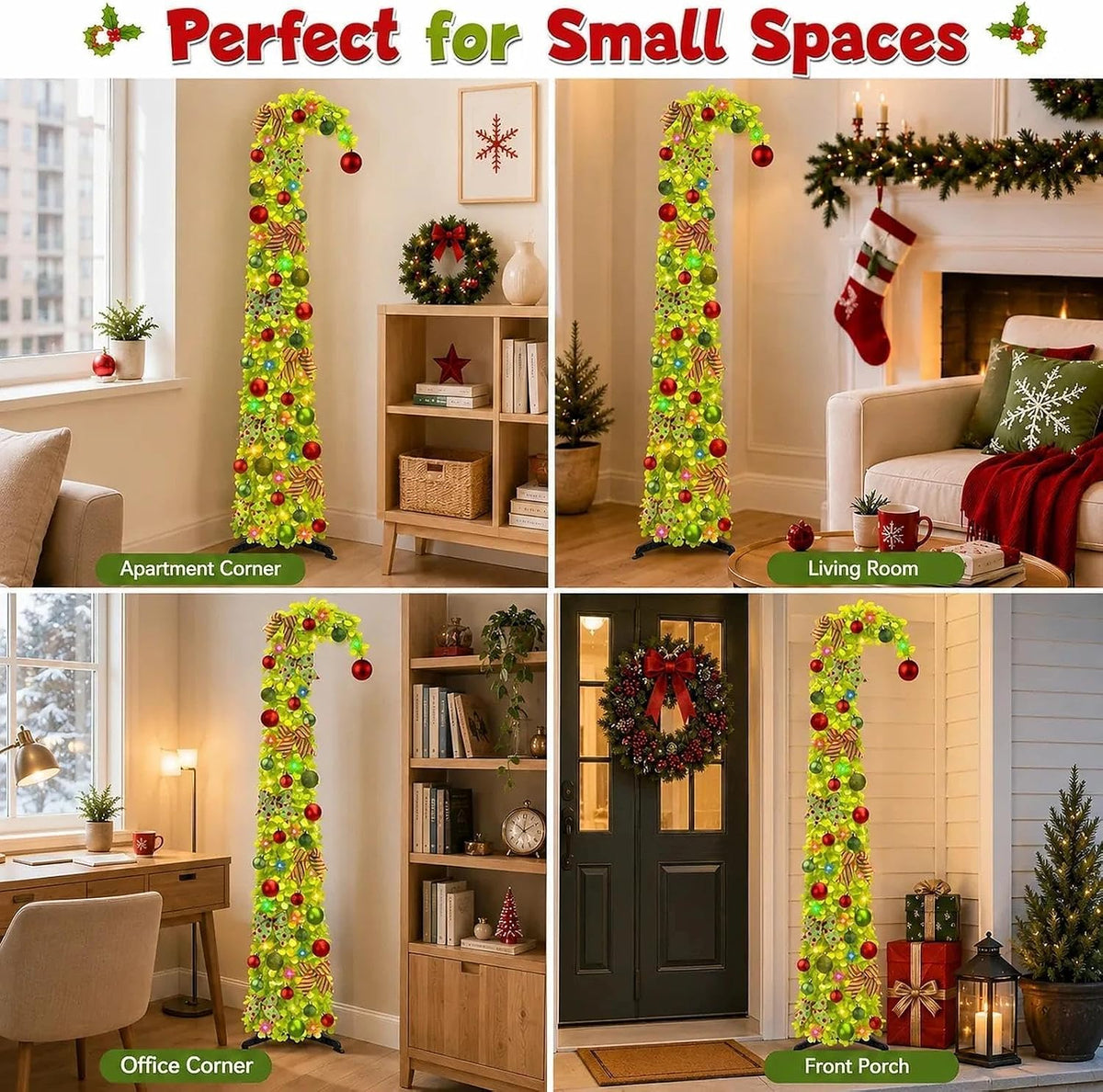 N&T NIETING 6Ft Whimsical Pop Up Christmas Tree with Lights & Hanging Ornaments, Collapsible Bendable Tinsel Tree for Apartment Porch Office Indoor Home Party Holiday Decor