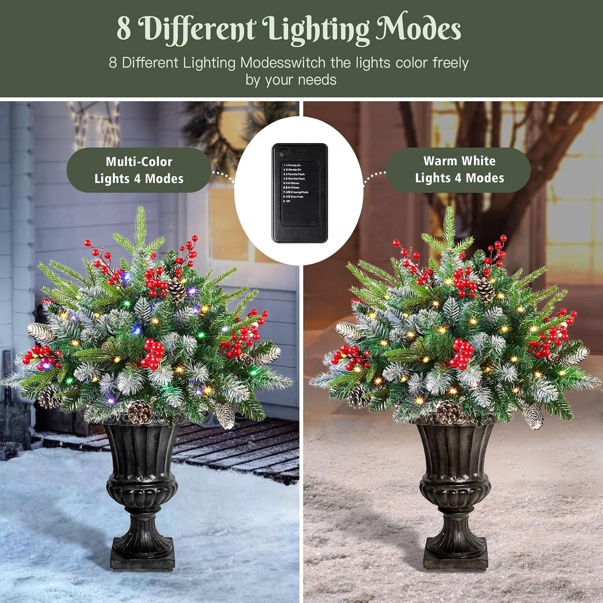 2 Set Preâ€‘lit Artificial Christmas Urn Filler with Remote for Planter Decor