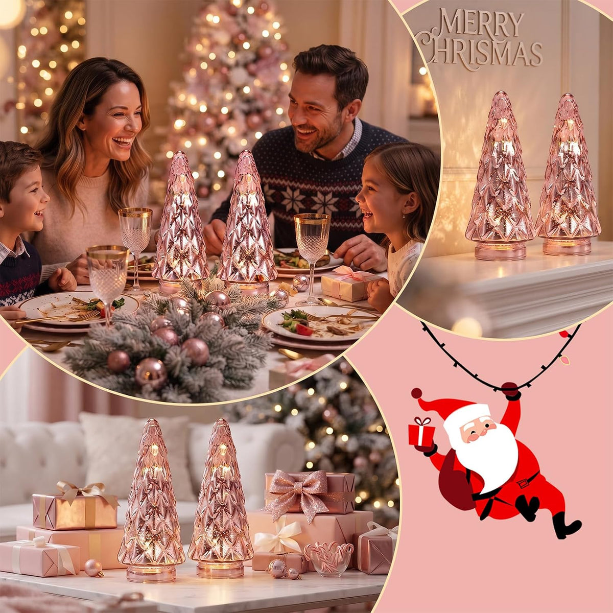 Mercury Glass Christmas Tree, 2-Pack Lighted Xmas Tree Decorations, Holiday Centerpiece Battery Operated LED with Timer, Decorative for Tabletop Window Mantel Display Party Indoor Home Decor (Pink)
