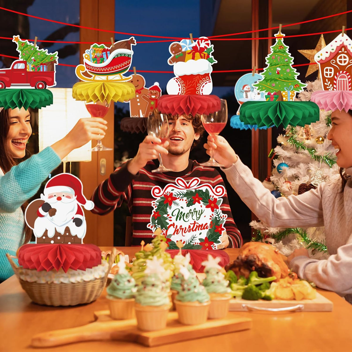 Merry Christmas Party Decorations Bundle - Includes Festive Christmas Honeycomb Centerpieces ï¼ŒSanta Claus Snowman Table Toppers, Perfect for Classroom Decor, Christmas & Winter Birthday Party Supplies