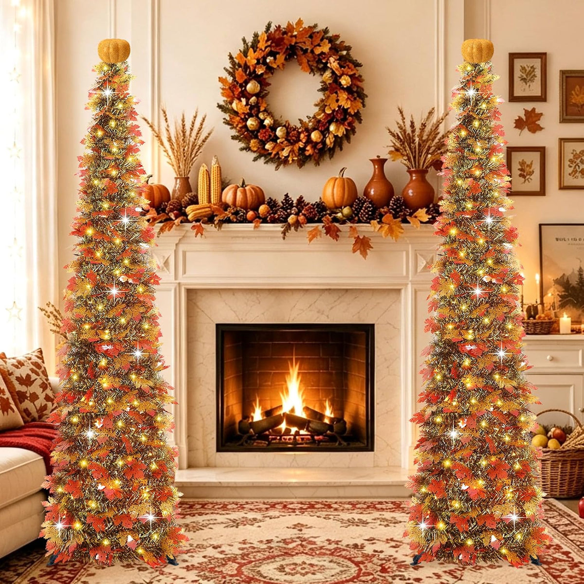 6 FT Pop Up Fall Tree with 100 LED Timer Lights & Pumpkin, Collapsible Maple Leaves Tinsel Thanksgiving Tree for Home Office Apartment Porch Autumn Christmas Holiday Decoration