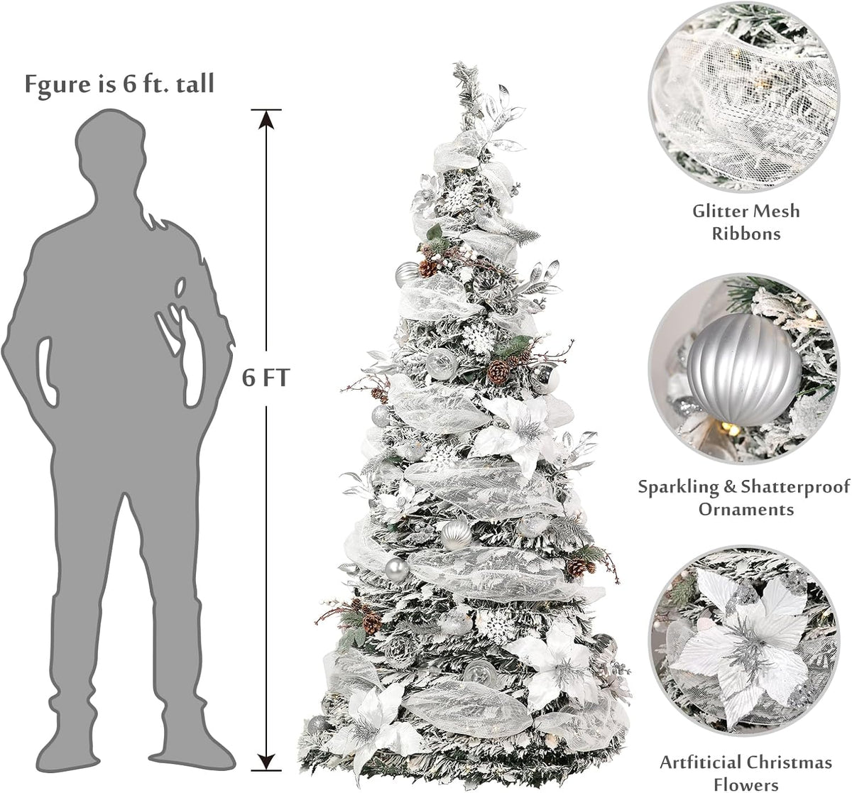 WBHome 6.5 FT Sliver & White Pop-Up Christmas Tree, Pre-Lit and Fully Decorated, Fire-Resistant Collapsible Outdoor Indoor Holiday Party Decor