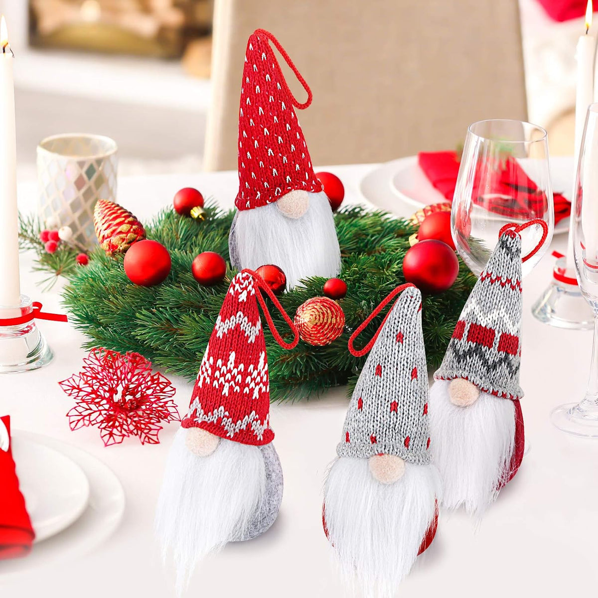 D-FantiX Gnome Christmas Ornaments Set of 4, Handmade Swedish Tomte Gnomes Plush Scandinavian Santa Elf Table Ornaments Christmas Tree Hanging Decoration Home Decor 2026