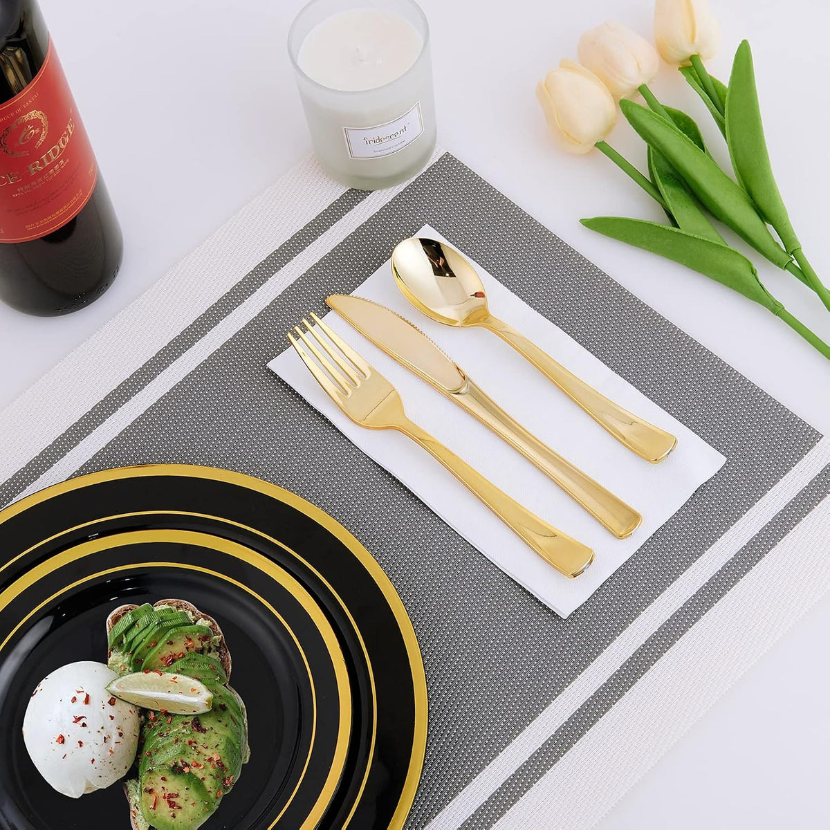 125 PCS Plastic Plates Set Gold Disposable Dinnerware Set for 25 Guests