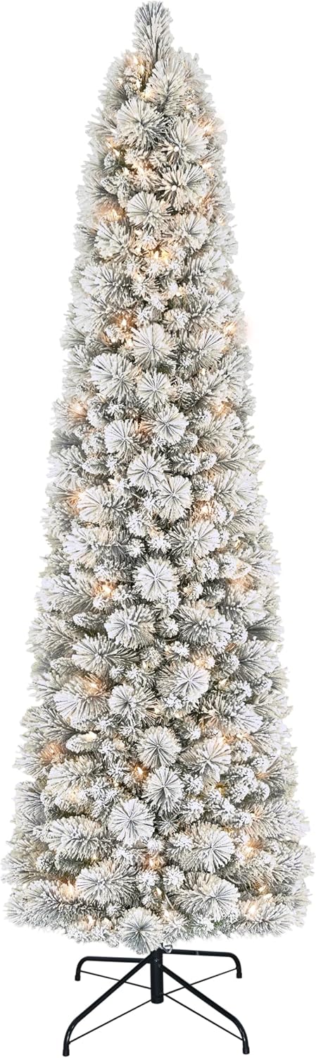 Puleo International 6.5ft Pre-Lit Flocked Portland Pine Pencil Christmas Tree with 300 Clear Lights, 410 Realistic Dense Snow Flocked Branch Tips, Easy Setup Artificial Trees with Sturdy Metal Stand
