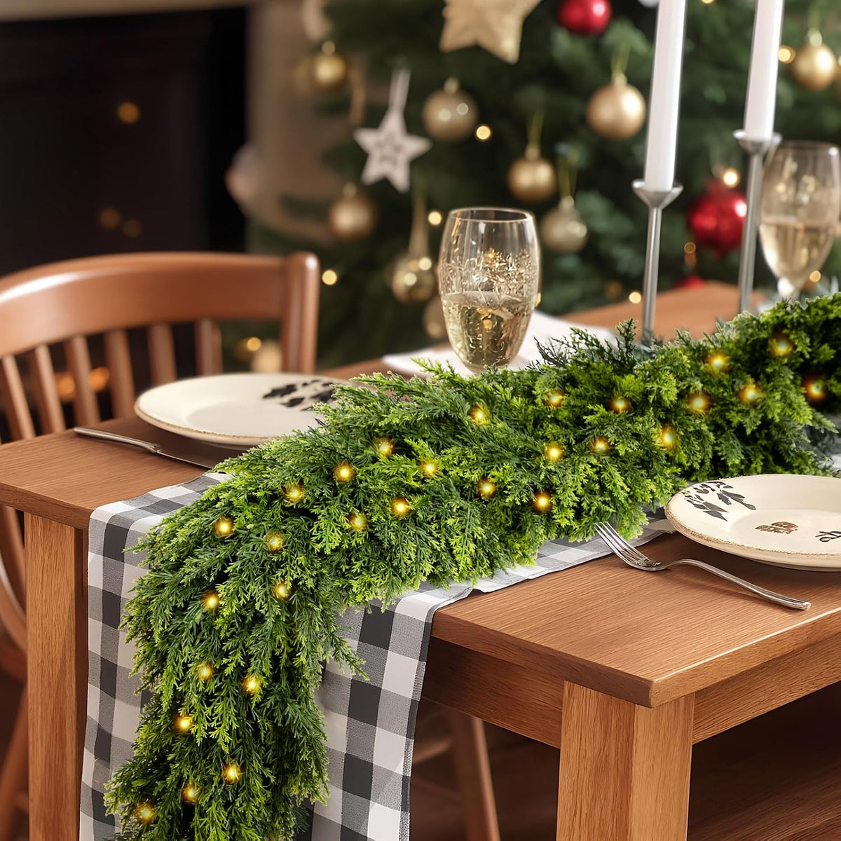 6FT Artificial Cedar Christmas Garland with 120 LED Lights - Real Touch Winter Pine Garland, Green Artificial Greenery Garland for Table, Mantle, Wall, Indoor, Outdoor Christmas Decorations