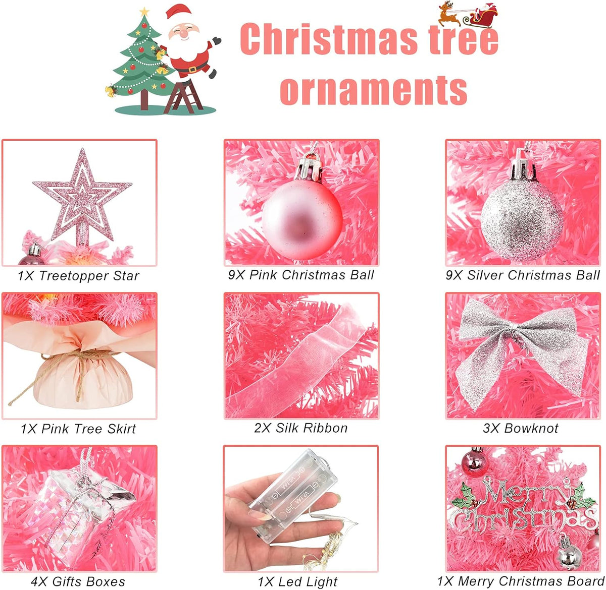 20" Mini Pink Christmas Tree, Artificial Small Christmas Tree with Lights, Tabletop Christmas Tree with Star Treetop,Bow Boxes and Ball Ornaments for DIY Christmas Decoration (Pink)
