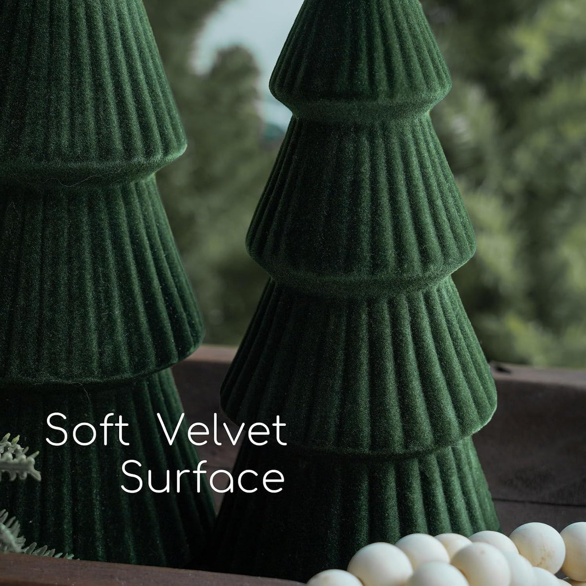 Christmas Decorations - Set of 3 Velvet Ceramic Christmas Trees (Green)