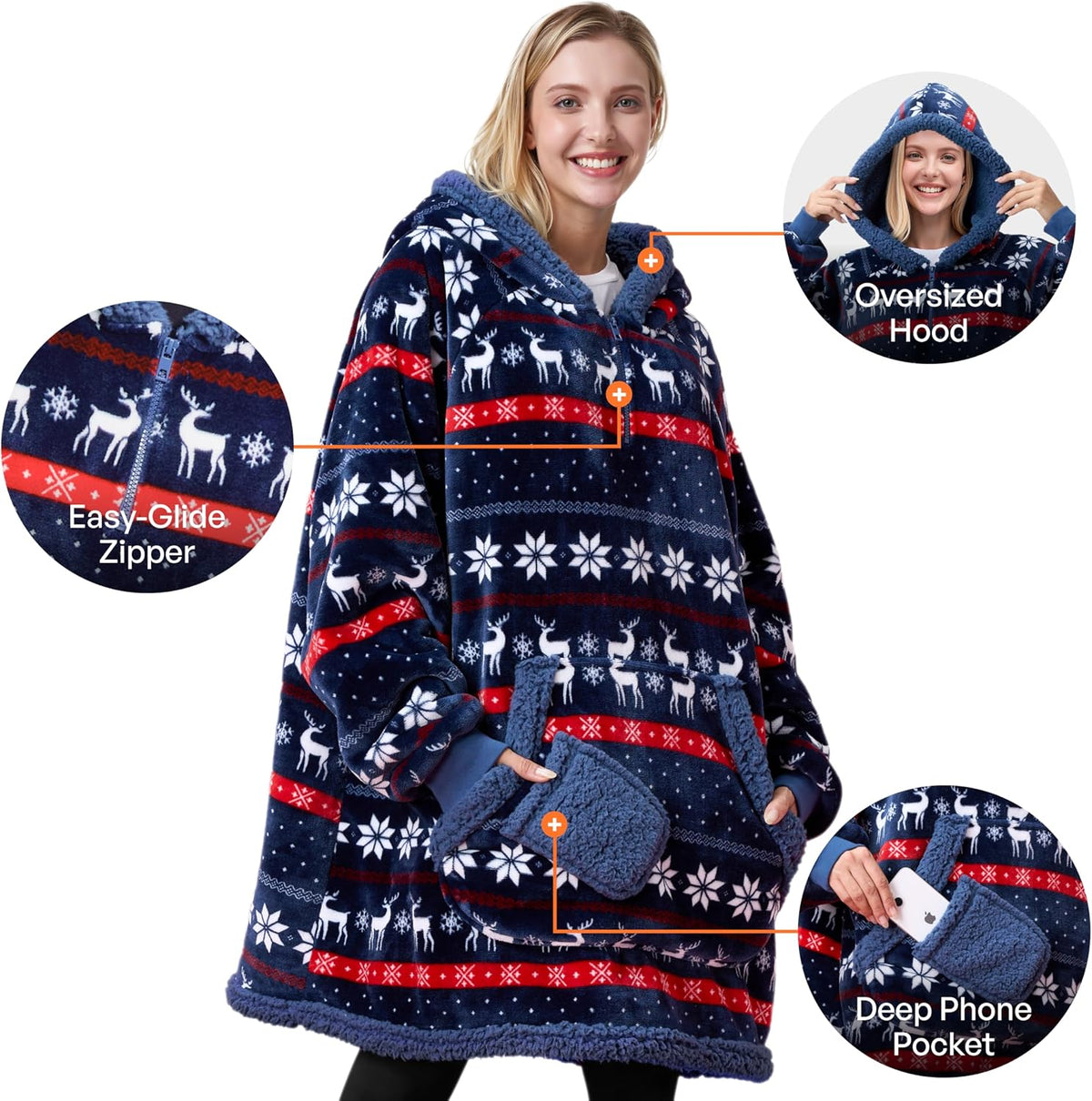 Giggling Getup Wearable Blanket Hoodie for Adults Gifts for Teen Girls Sister Women Sherpa Fleece Printed Hooded Blanket Sweatshirt Warm Cozy with Pocket & Sleeves Blue Christmas Nordic