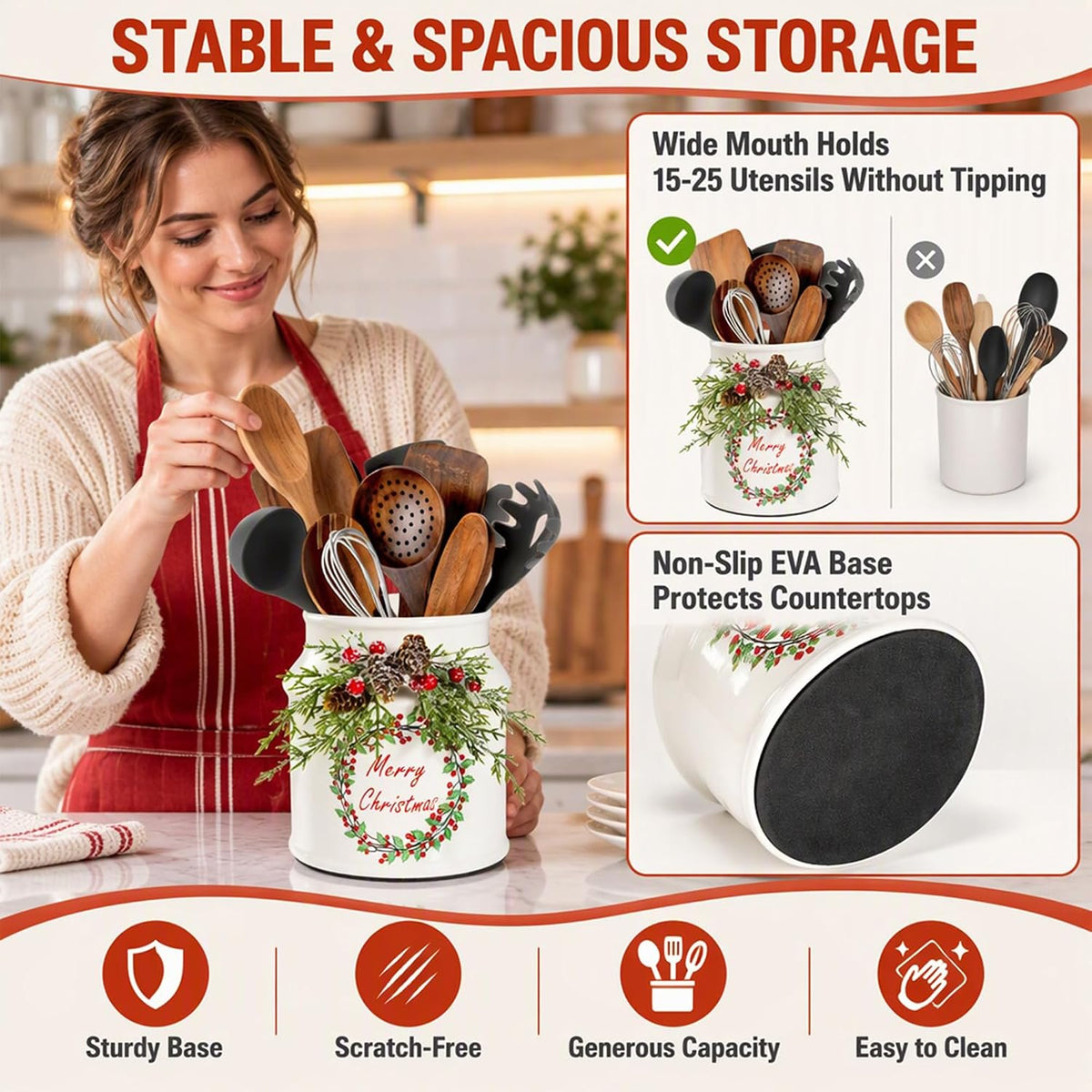 Christmas Utensil Holder with Artificial Pine Branches, Comes with Xmas Box